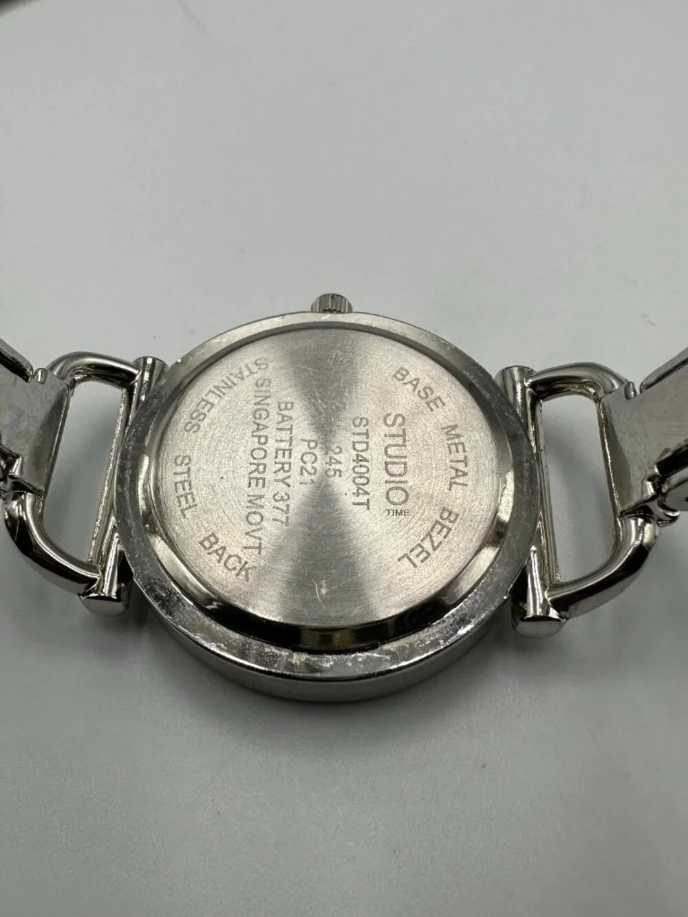 3/$30 Studio Time Watch Women Silver Rhinestone Bezel White Enamel Band 6.25